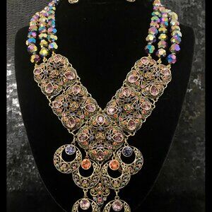 Heidi Daus O-Ace's 3 Strand Beaded Crystal Drop Necklace & Earring Clip Ons Set